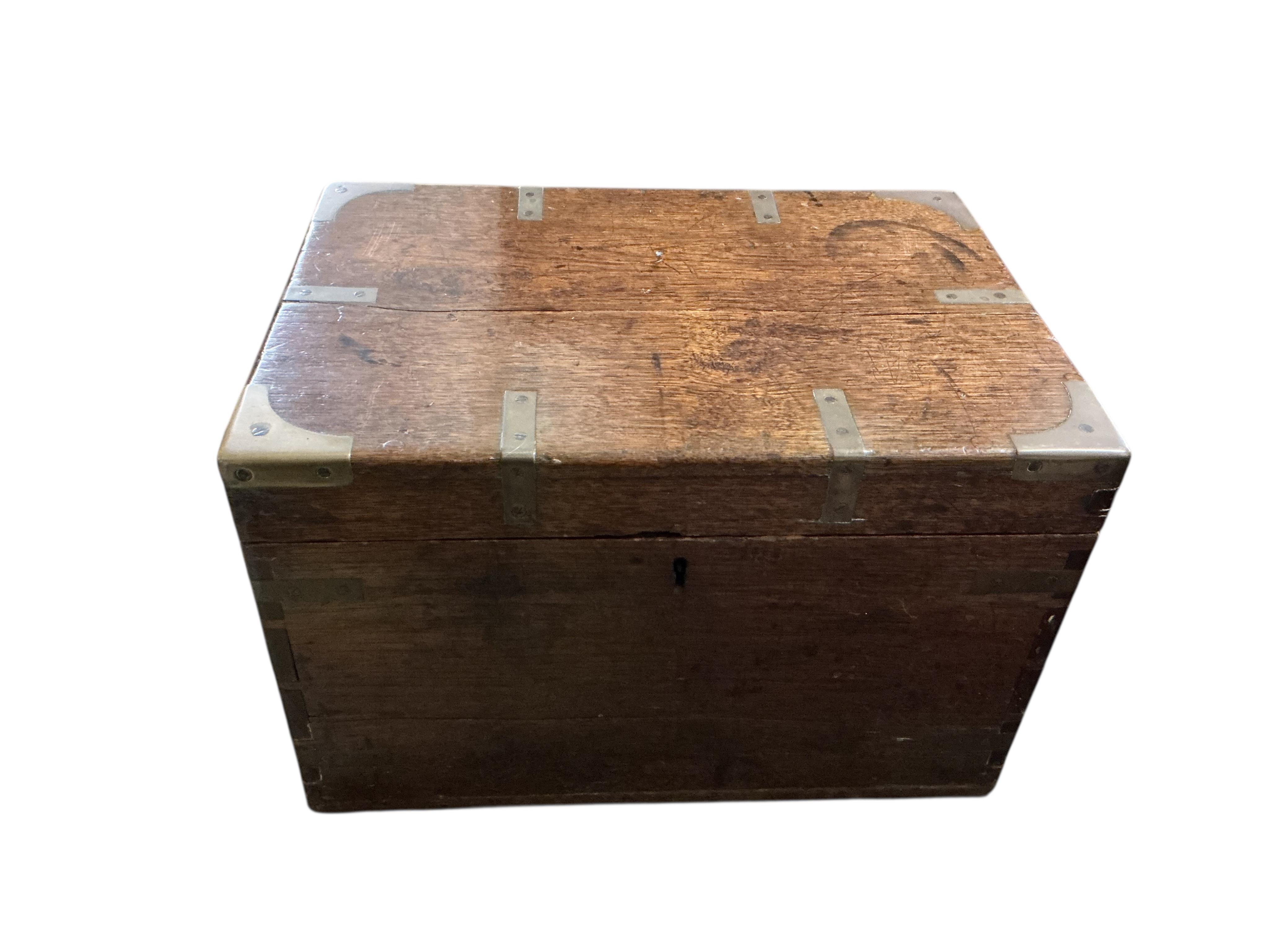A small 19th century brass mounted oak strong box, width 50cm, depth 34cm, height 32cm